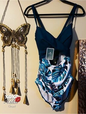 Tropical Blue Leaf One-Piece Swimsuit - Size Medium